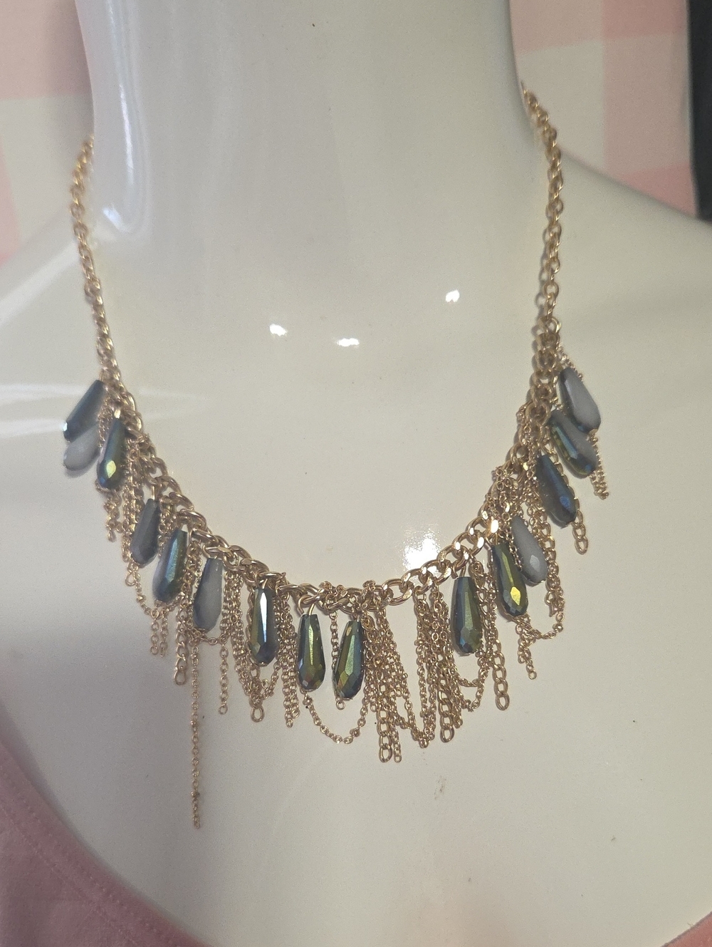 Gold Chain Necklace with Iridescent Gray Teardrop Charms